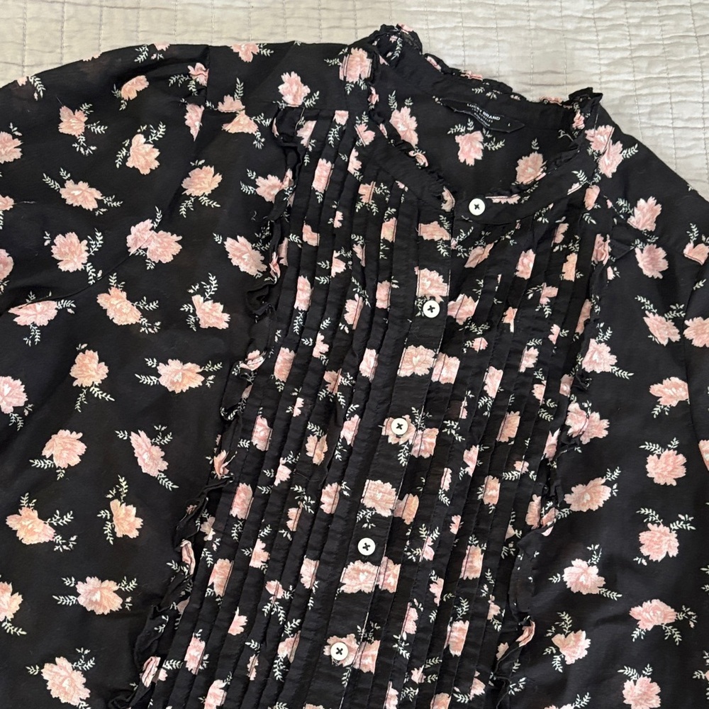 Lucky Brand Black & Blush Pink Floral Pintuck Ruffle Blouse - Large